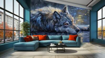 A painting of an elegant wolf in the style of Wall mural