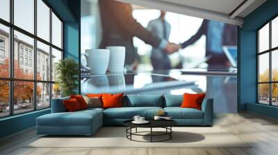 A photo of two business people shaking hands over coffee and documents on the table Wall mural