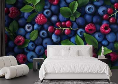 blueberry raspberries and cranberries with green leaves Wall mural