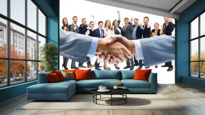 Business handshake and happy energetik business people Wall mural