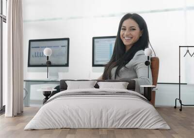 business woman working with financial charts on computer Wall mural