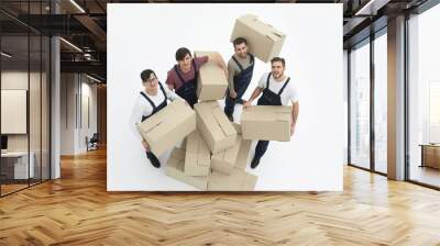 Delivery men with cardboard boxes on white background. Wall mural