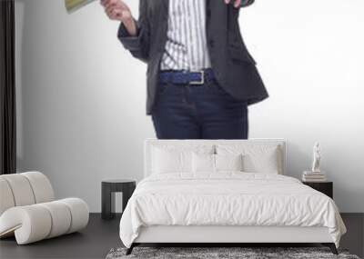 Front view of woman with dollars in her hands, isolated on white background Wall mural