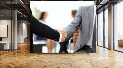 Happy smiling business man shaking hands after a deal in office Wall mural