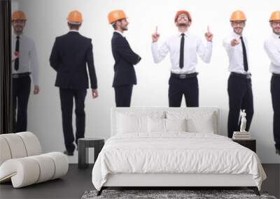 panoramic photo collage of confident architect isolated on white Wall mural