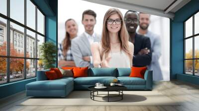 Portrait of joyful business team against a white background Wall mural