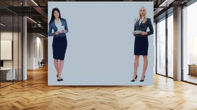 Two businesswomen showing an empty board,lots of copyspace. Wall mural