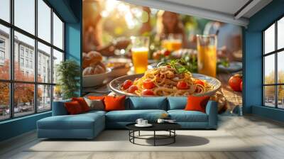 A table full of delicious Italian pasta with a happy family Wall mural