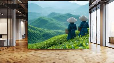 In the green tea fields of two women pick fresh leaves Wall mural