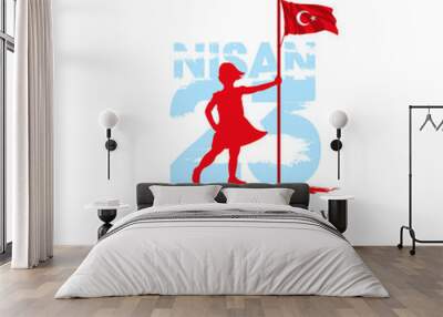 April 23 Turkish national ataturk festival banner cocuk baryrami 23 nisan, tr: April 23 Turkish National Sovereignty and Children's Day, friendship kids silhouette with Turkey flag isolated on white Wall mural