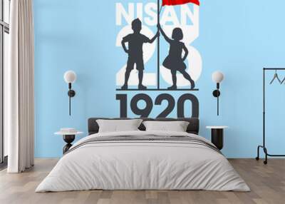 April 23 Turkish national ataturk festival banner cocuk baryrami 23 nisan, tr: April 23 Turkish National Sovereignty and Children's Day, friendship kids silhouette with Turkey flag on blue background Wall mural