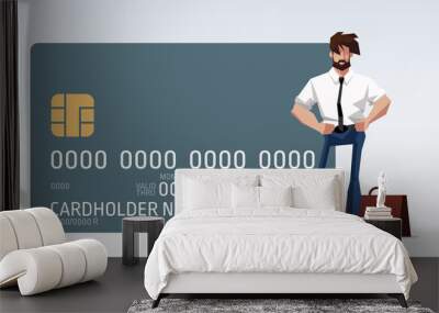 flat design illustration character businessman with beard standing with bank plastic credit card and thinking. Flat design banner isolated on white background. Manager with a bank card Warns attention Wall mural