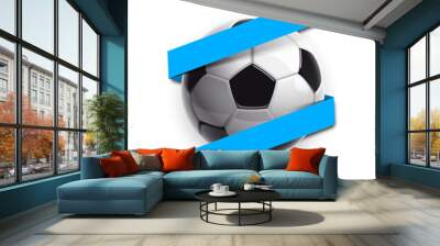 Football championship Design banner. Illustration banner with logo Realistic soccer ball and a blue stripe Isolated on white background. black and white classic leather football ball with ribbon Wall mural