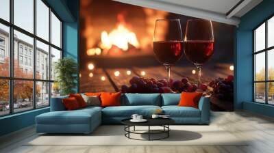 Glasses of Red Wine with Grapes and Fireplace in a Country Cottage. AI generated illustration Wall mural