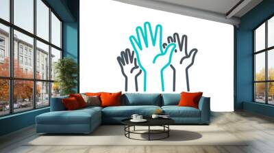 group of human hands raised up vote single line icon isolated on white. Perfect outline symbol voting by show palm. volunteers community unanimously raised up hands design element with editable Stroke Wall mural