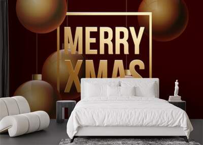 Happy 2021 New year holiday card with gold christmas balls and decorations and gold greeting lettering isolated on red background. Merry Xmas banner in modern minimalistic design style with flat text Wall mural