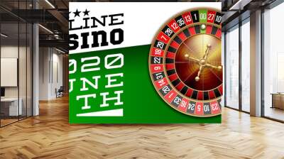 illustration Online web casino banner with american roulette on green surface table. Marketing Luxury green Banner Poker Jackpot zero with classic roulette. Advertising poster set Online web Casino Wall mural