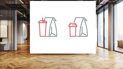 mobile app icon set online order and food delivery banner isolated on white. outline app symbols fast food: paper bag cup with coffee, cup with soda and cocktail. Quality elements with editable Stroke Wall mural