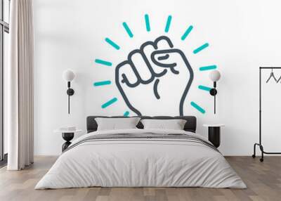 raised up fist in protest no war single line icon isolated on white. Perfect outline symbol raised up fist in revolution riot. freedom power design element with editable Stroke.People rights line icon Wall mural