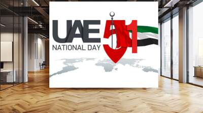 translated: Fifty one UAE national day, Spirit of the union. Banner with UAE state flag. Illustration of 51 National day United Arab Emirates. Card in honor of the 51 anniversary 2 December 1971-2022 Wall mural