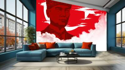 Turkish national holiday illustration banner 19 mayis Ataturk'u Anma, Genclik ve Spor Bayrami, tr: 19 may Commemoration Ataturk, Youth and Sports Day, White and red graphic design Turkish holiday card Wall mural