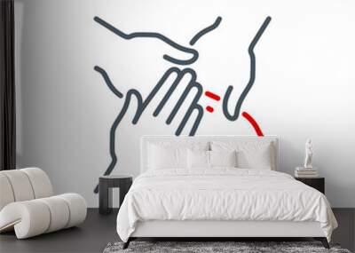 Unity team and teamwork single line icon isolated on white Perfect outline symbol Togetherness and cooperation team. Group of four people holding arms together design element with editable Stroke line Wall mural