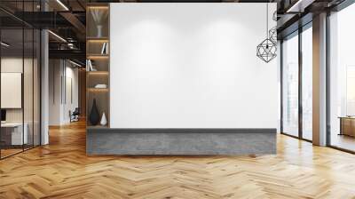 3d render of white wall mock up with corner recessed book shelves and hanging lamp. cement gray floor and white ceiling. Set 1 Wall mural