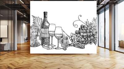 composition of a bottle of wine, two glasses, parmesan cheese, grapes and leaves with olives. hand d Wall mural