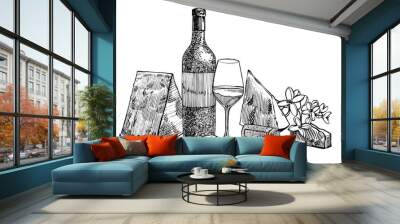 Composition of a bottle of wine, two glasses, parmesan cheese, grapes and leaves with olives. Hand drawn engraving style illustrations. Banners of wine vintage background. Wall mural