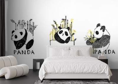 Hand drawn panda with bamboo. Vector illustration isolated on white. Panda Logo Design Inspiration. Wall mural