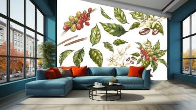 Set of Red coffee arabica beans on branch with flowers isolated, watercolor illustration. Wall mural