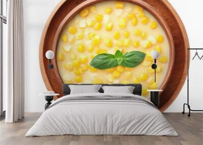 Delicious corn soup top view on white background. Wall mural