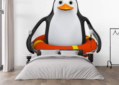 3d penguin in life preserver lifebuoy ring Wall mural