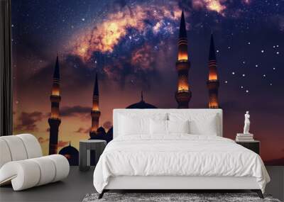 Glowing mosque under a starry night sky, night photography, long exposure, vibrant colors, breathtaking, majestic architecture, illuminated, spiritual Holy View Wall mural