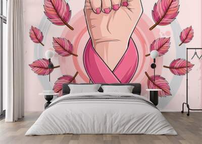 Breast cancer awareness month poster with woman hand and pink ribbon , Women health care support symbol. female hope and fight concept Wall mural