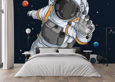 hand drawn astronaut in spacesuit fling in the space with space rocket behind, cosmonaut in space Wall mural