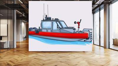 Hand drawn red fire boat floating on water ready for firefighting isolated on white background Wall mural