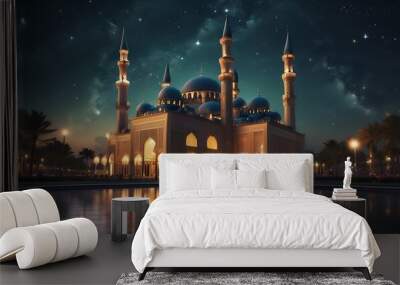 A panoramic view of Islamic mosque at night with a starry sky.	 Wall mural