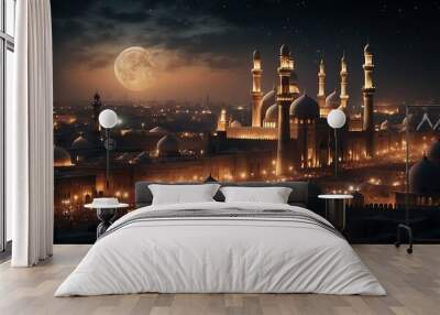 A panoramic view of Islamic mosque at night with a starry sky. Wall mural