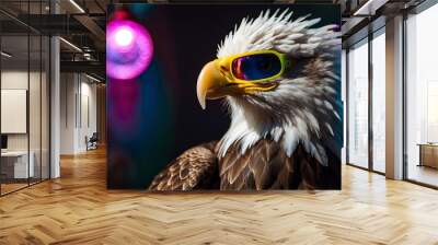 Bald Eagle with sunglasses and colorful bokeh lights background. Wall mural