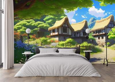 Beautiful fantasy landscape with old wooden cottage in the village. Illustration Wall mural