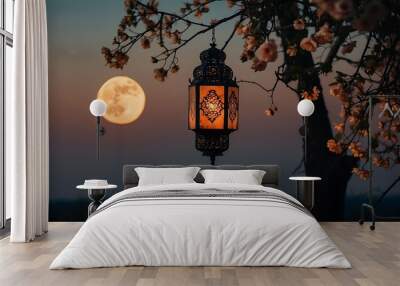 Beautiful lantern hanging on tree with a crescent moon in the night, Islamic wallpaper Wall mural