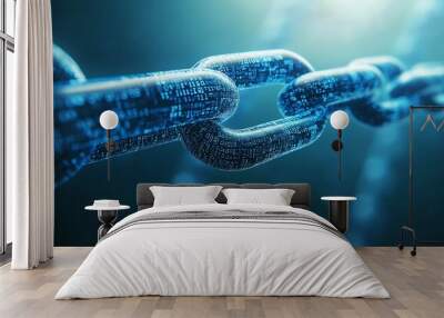 Digital chain with binary code on blue background.  Wall mural