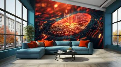 Digital Fingerprint Security Concept - Glowing Red Fingerprint on Circuit Board Wall mural