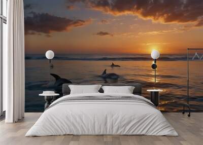 Dolphin jumping out of the sea at sunset. Wall mural