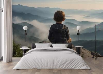 little Boy sitting on a rock and looking at the misty mountains Landscape. Mental health concept Wall mural