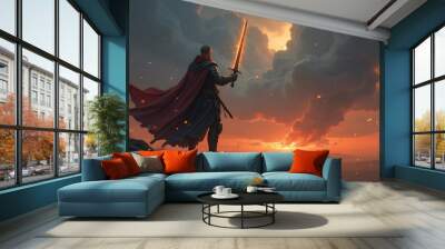 Medieval knight with sword on the top of the mountain at sunset. Wall mural