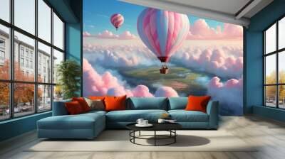 pink clouds and hot air balloon in blue sky Wall mural