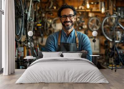 Portrait of confident mature man in apron standing with arms crossed in bicycle repair shop Wall mural