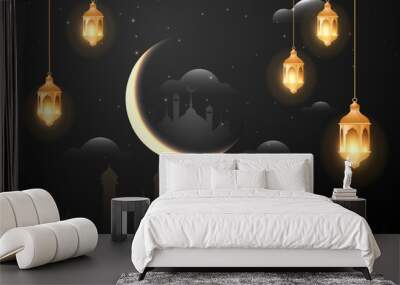 Ramadan Kareem Islamic background of lanterns, moon and clouds. Wall mural